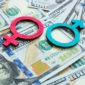 Salary and wage gap concept. Gender symbols and money.